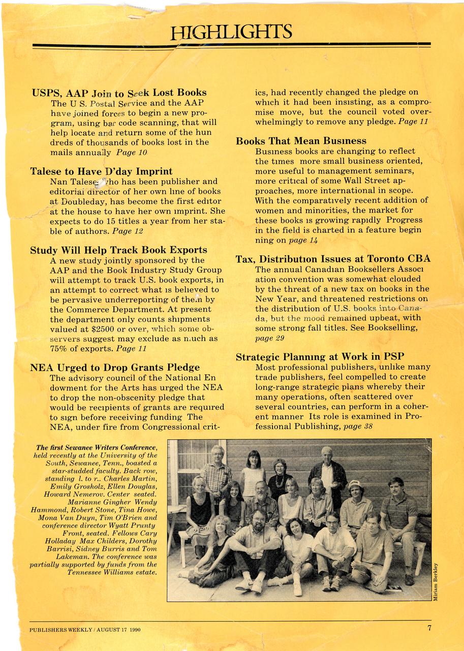 Sewanee Writers Conference Inaugural year 1990. Faculty and Fellows photograph, Publishers Weekly, issue of August 17, 1990.